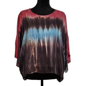 Relaxed Tie-Dye Satin Blouse in Red, Blue & Brown